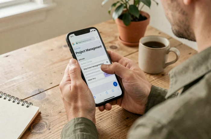 Personne saisissant la nouvelle adresse URL d'une plateforme de gestion travaux sur smartphone à la maison