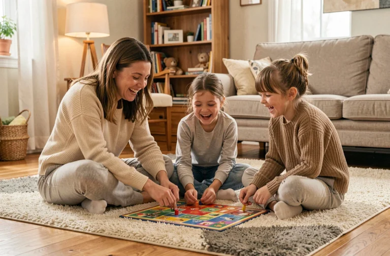 Mère et enfants jouant à un jeu de société sur le parquet du salon en famille