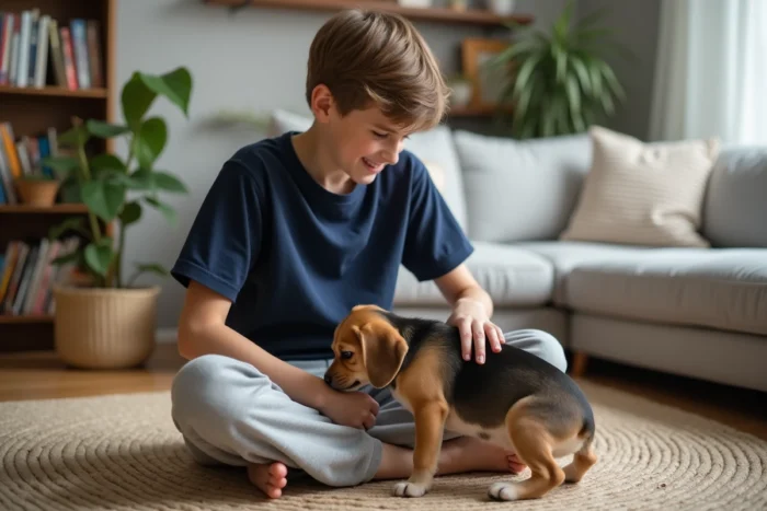 Adolescent de 15 ans assis sur le sol avec un chiot beagle dans un salon, représentant le dog-sitting à domicile pour jeunes mineurs