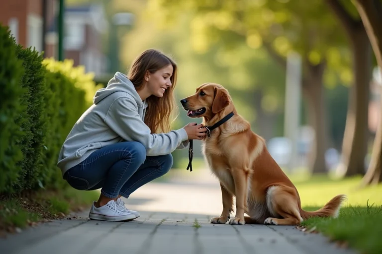 Jeune adolescente de 14 ans promenant un golden retriever en laisse dans un quartier résidentiel, illustration du dog-sitting pour mineurs