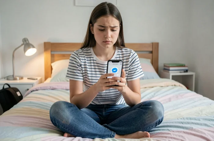 Adolescente regardant un problème de chargement de Messenger Facebook sur son téléphone dans sa chambre