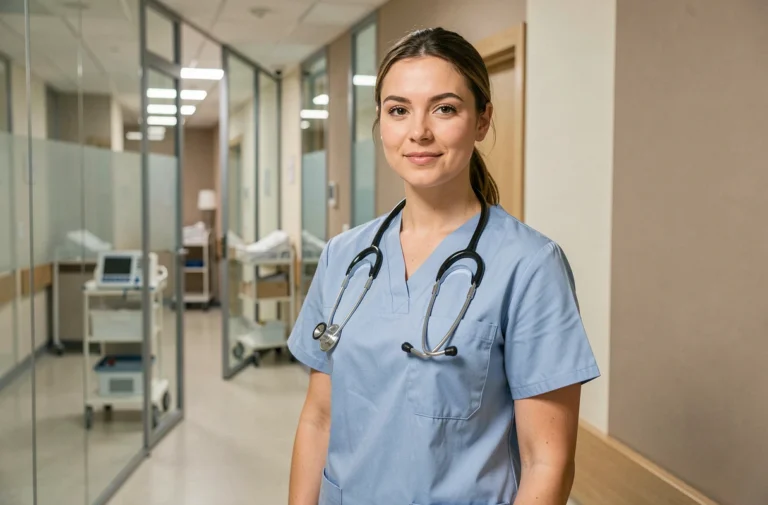 Aide-soignante en tenue professionnelle dans un couloir d'hôpital moderne au Luxembourg