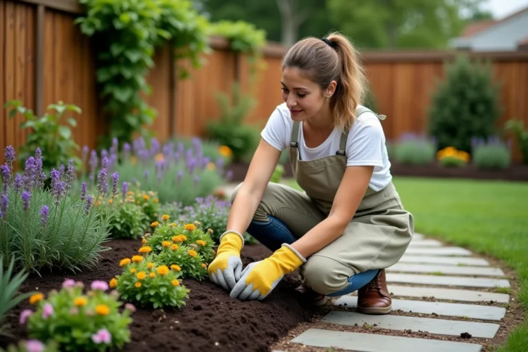 Femme jardinant dans un espace vert extérieur soigné, plantant des fleurs colorées dans un parterre surélevé avec une allée en pierre et une clôture en bois couverte de lierre en arrière-plan