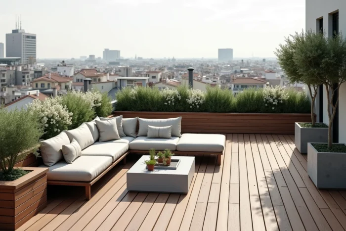 Terrasse extérieure moderne sur toit avec mobilier de jardin contemporain, jardinières de buis et d'oliviers, et vue sur les toits d'une ville européenne en arrière-plan