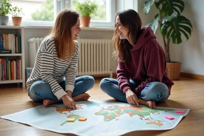 Deux femmes planifiant ensemble un voyage sur le sol avec cartes et guides de voyage