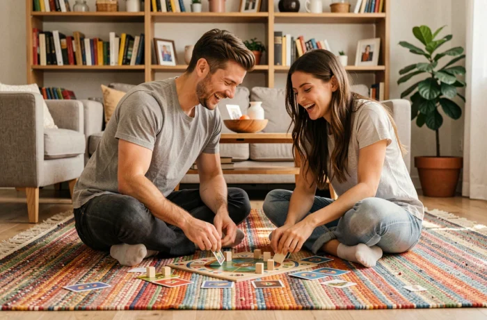 Deux amis jouant à un jeu de société sur un tapis coloré dans un appartement cosy, activité de loisir conviviale