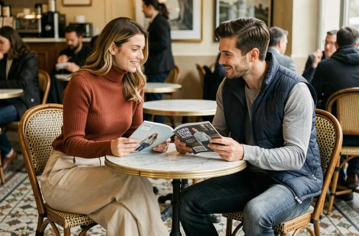 Deux amis tendance consultant un magazine de mode dans un café parisien au décor vintage