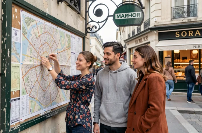Groupe d'amis consultant un plan de quartier devant une entrée de métro parisien Art Nouveau