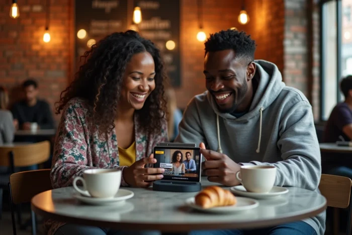 Deux amis regardant ensemble du contenu africain sur la plateforme de streaming Wookafr TV dans un café urbain