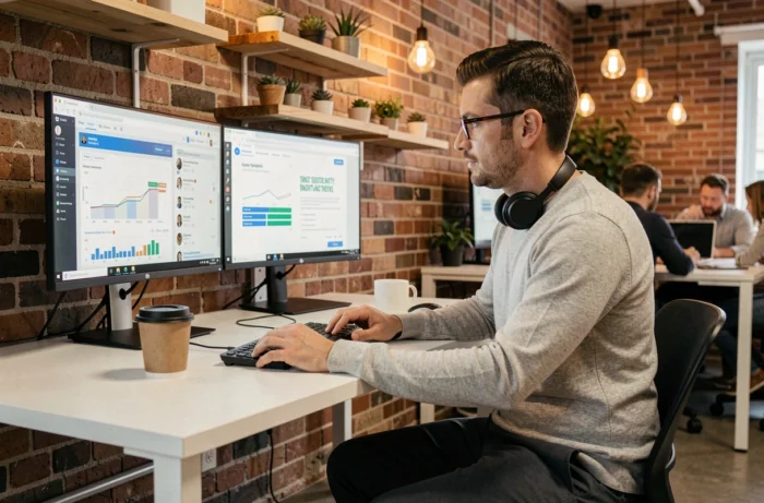 Professionnel analysant des tableaux de bord de communication digitale et campagnes email sur double écran dans un espace de coworking