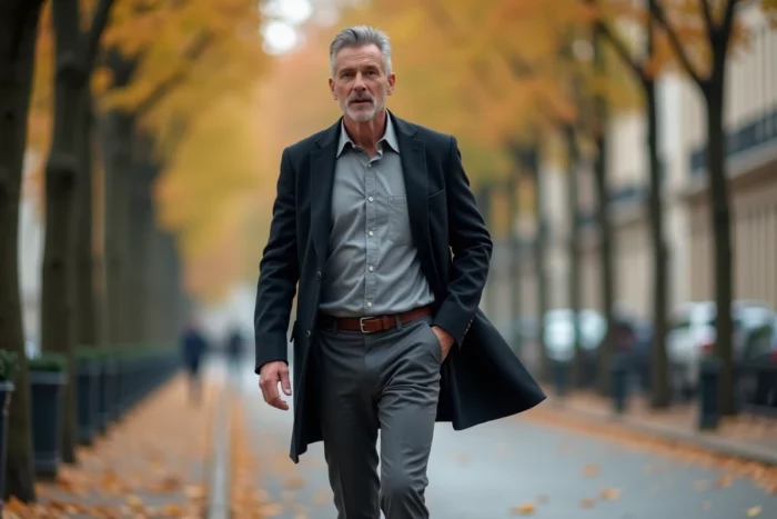 Anthony Favalli marchant d'un pas déterminé sur un boulevard parisien en automne, reflétant son engagement et son histoire personnelle