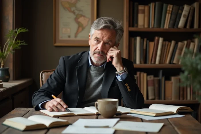 Anthony Favalli assis à un bureau en bois avec des documents et carnets, dans un bureau français authentique reflétant son parcours et ses engagements