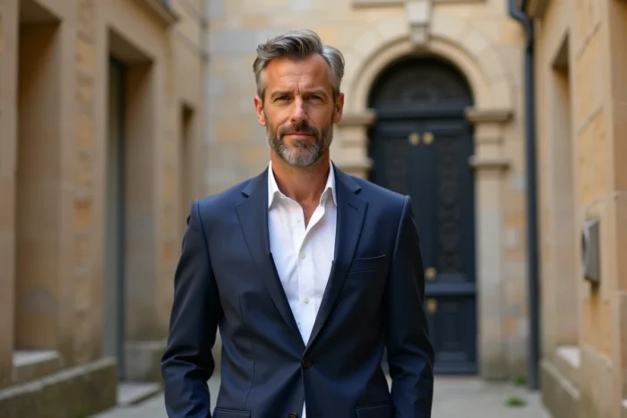 Portrait d'Anthony Favalli en costume bleu marine dans une cour en pierre française, regard engagé et posture assurée
