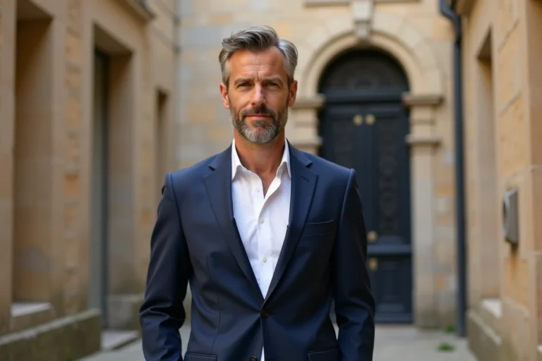 Portrait d'Anthony Favalli en costume bleu marine dans une cour en pierre française, regard engagé et posture assurée