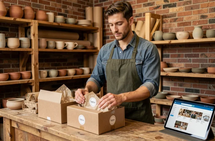 Artisan emballant des produits céramiques pour les commandes de sa boutique en ligne depuis son atelier