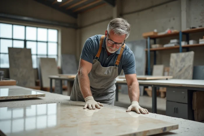 Artisan tailleur de pierre mesurant une dalle de marbre galala dans un atelier de fabrication près de Vannes en Bretagne