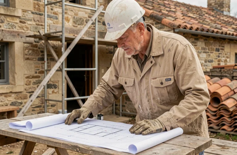 Artisan du bâtiment dans le Cher consultant des plans de rénovation devant une maison en pierre restaurée
