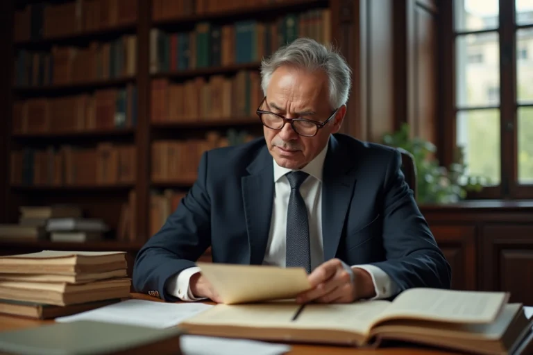 Avocat en droit administratif consultant un document juridique dans un bureau parisien entouré de livres de loi