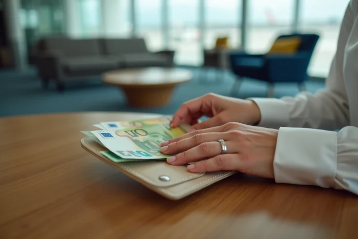 Gros plan sur des mains de femme rangeant des billets en euros dans un portefeuille de voyage dans un salon d'aéroport