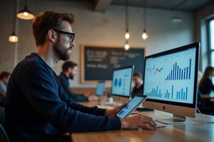 Blogueur masculin analysant les statistiques et stratégies de monétisation de son blog sur plusieurs écrans dans un espace de coworking