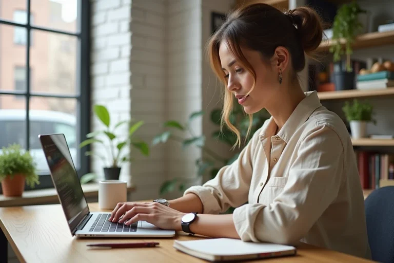 Femme blogueuse travaillant sur son blog depuis un bureau à domicile moderne avec un ordinateur portable et un carnet de notes