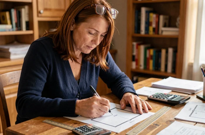 Femme calculant la surface d'une pièce aux côtés inégaux sur du papier millimétré à la maison