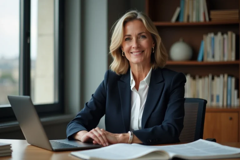 Femme journaliste professionnelle assise à son bureau dans une salle de rédaction parisienne, illustrant la vie professionnelle de Carole Barjon