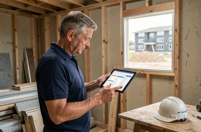 Chef de chantier consultant la nouvelle adresse d'une plateforme de gestion travaux sur tablette dans un bureau de chantier