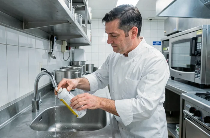 Chef professionnel rinçant le bec verseur d'une bombe de chantilly sous l'eau du robinet pour débloquer la valve