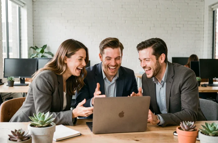 Groupe de collègues réagissant avec humour à des actualités insolites virales sur un ordinateur portable dans un espace de coworking