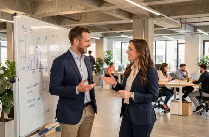 Deux collègues discutant de stratégies de finance en ligne devant un tableau blanc dans un espace de coworking contemporain