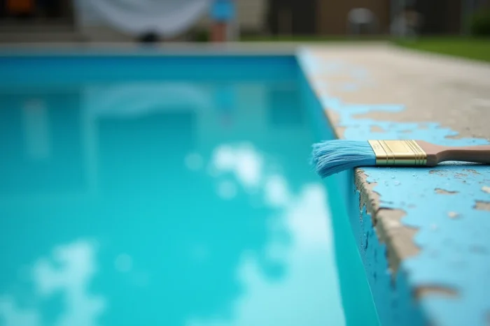 Gros plan sur la transition entre ancienne peinture de piscine écaillée et nouvelle couche fraîche de peinture aquamarine
