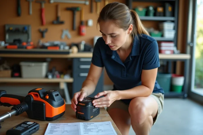 Femme comparant des batteries de coupe-bordure sur un établi de garage