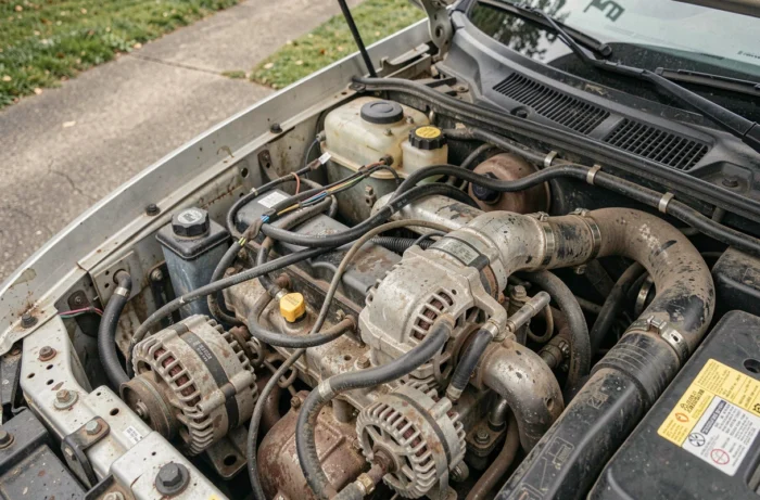 Compartiment moteur d'une Renault montrant l'alternateur et les câbles électriques liés au code défaut de charge DTC038061