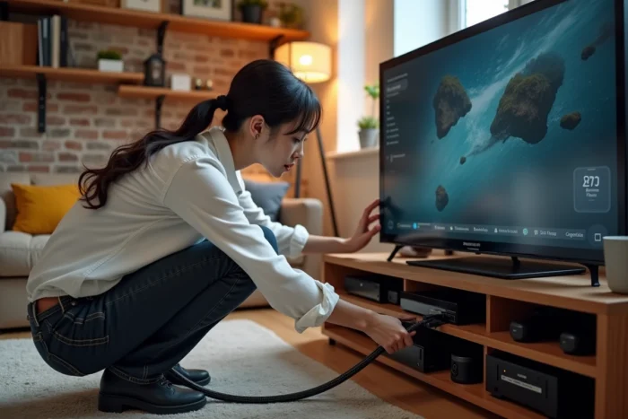 Femme configurant une box IPTV et les câbles réseau sous une télévision Philips dans un espace de vie contemporain