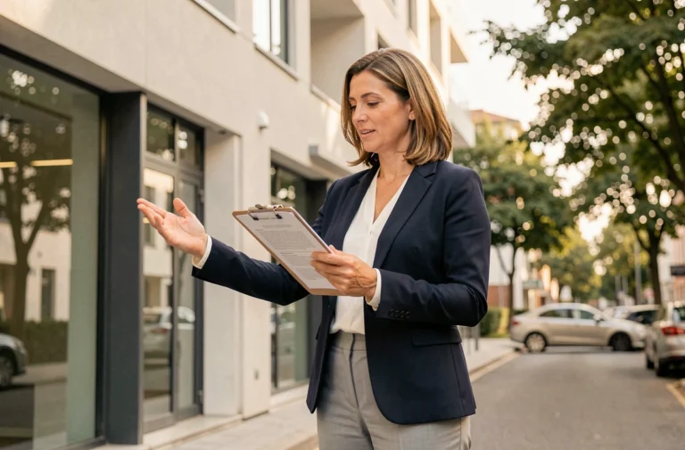 Conseillère immobilière devant un immeuble résidentiel moderne, représentant une solution de logement fiable pour les particuliers