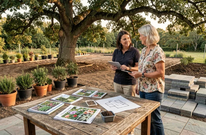Consultante paysagiste et propriétaire discutant des plans d'aménagement paysager autour d'une table de jardin