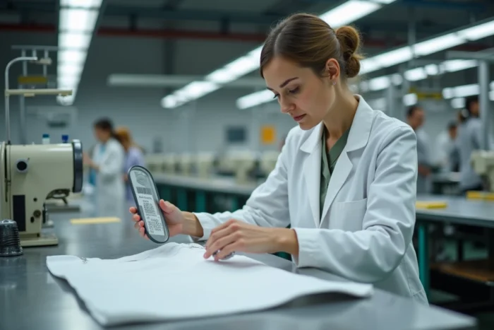 Contrôleuse qualité examinant une étiquette de traçabilité made in EEC dans une usine textile européenne