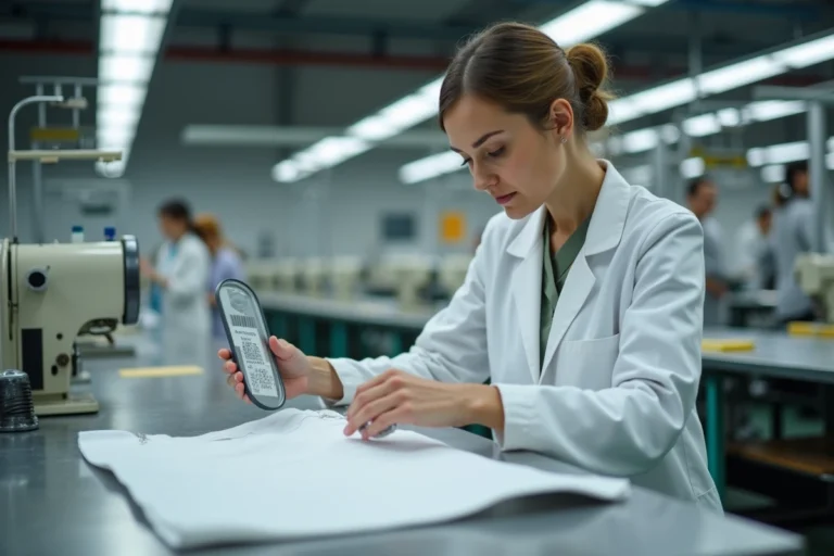 Contrôleuse qualité examinant une étiquette de traçabilité made in EEC dans une usine textile européenne