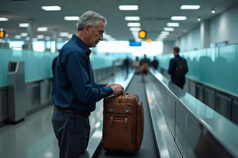 Voyageur déposant un sac de voyage sur le tapis de contrôle de sécurité dans un aéroport international
