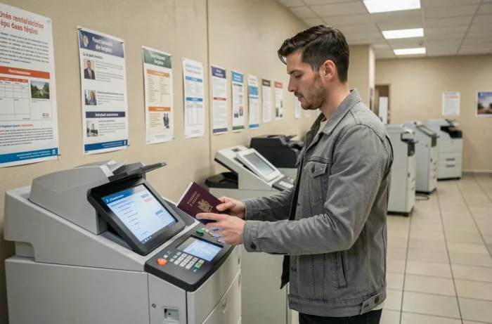 Homme utilisant une photocopieuse en libre-service dans un centre administratif pour copier son passeport
