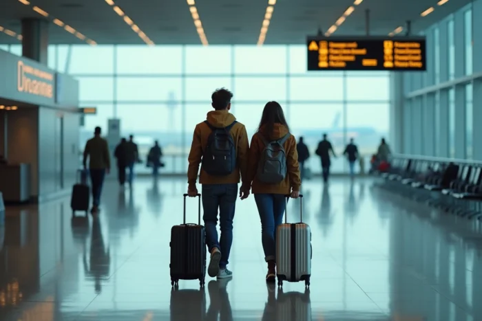 Couple avec valises marchant dans un terminal d'aéroport international, ambiance de départ serein pour un voyage bien organisé