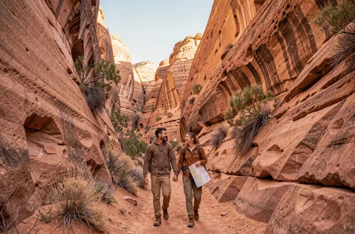 Couple explorant un canyon désertique aux parois de grès orange lors d'un voyage touristique dans un site naturel exceptionnel