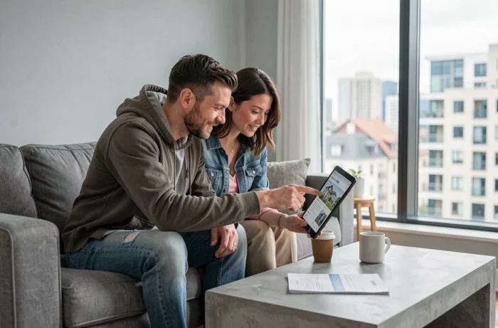 Couple recherchant leur futur bien immobilier ensemble sur une tablette dans leur salon moderne