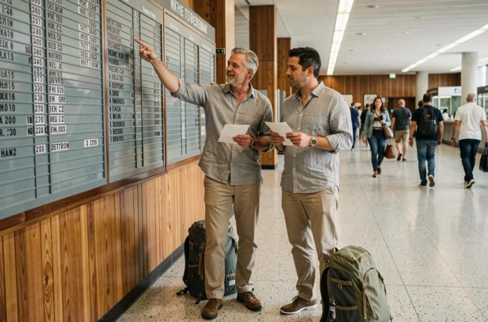 Casal consultando um painel de partidas em um terminal de aeroporto vintage antes de embarcar no avião
