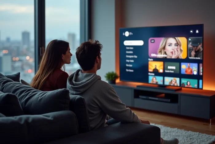 Couple regardant un guide de chaînes IPTV sur une télévision Philips OLED dans un appartement urbain moderne