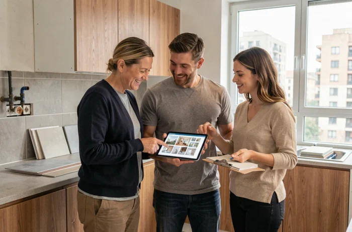Couple discutant d'un projet de rénovation de cuisine avec une designer d'intérieur montrant des échantillons de matériaux