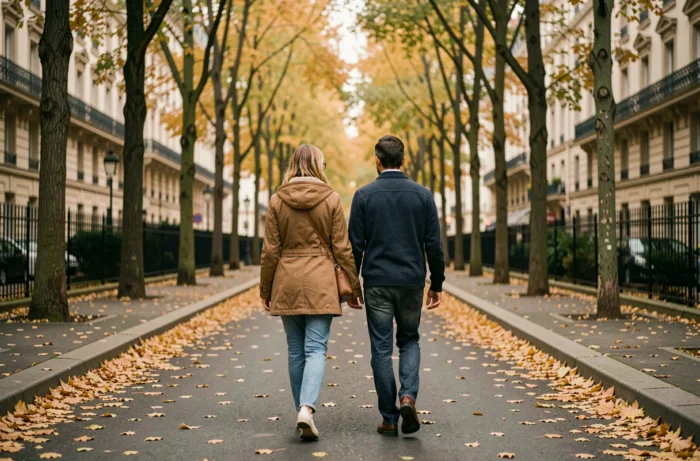 Couple discret se promenant dans une rue parisienne en automne, évoquant l'intimité et la vie privée d'un homme public