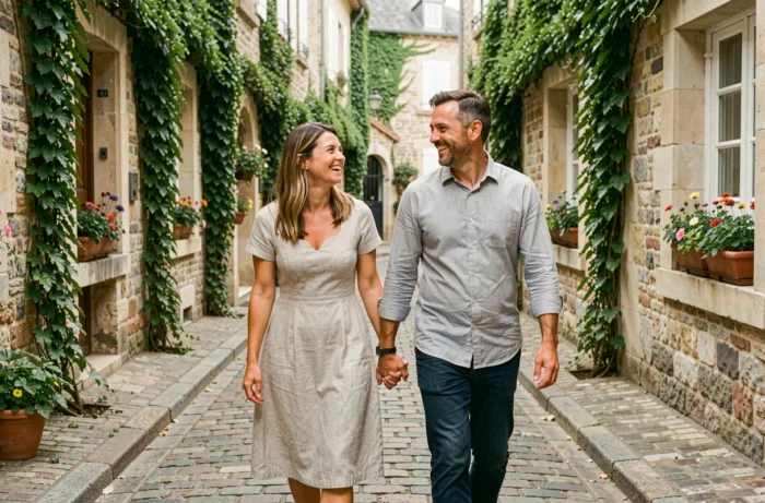 Couple se promenant main dans la main dans une rue pavée française, évoquant la complicité et la vie de couple épanouie d'une personnalité médiatique