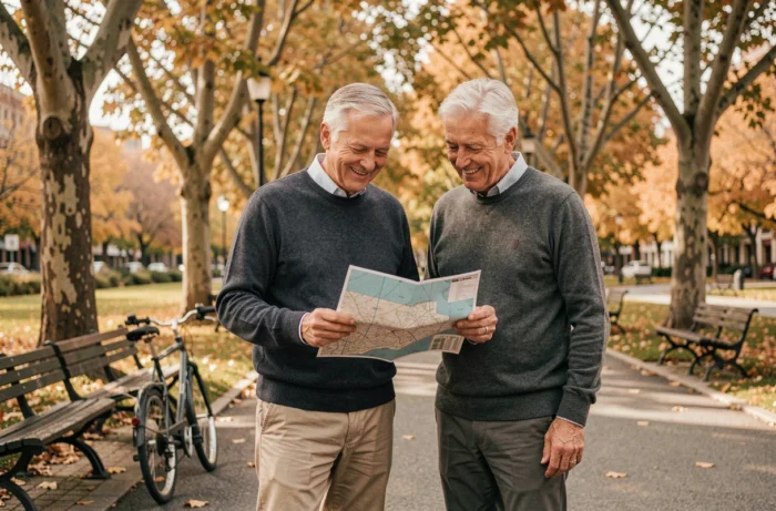 Couple de retraités souriants consultant une carte dans un parc urbain en automne, représentant les avantages d'une retraite anticipée active et épanouie